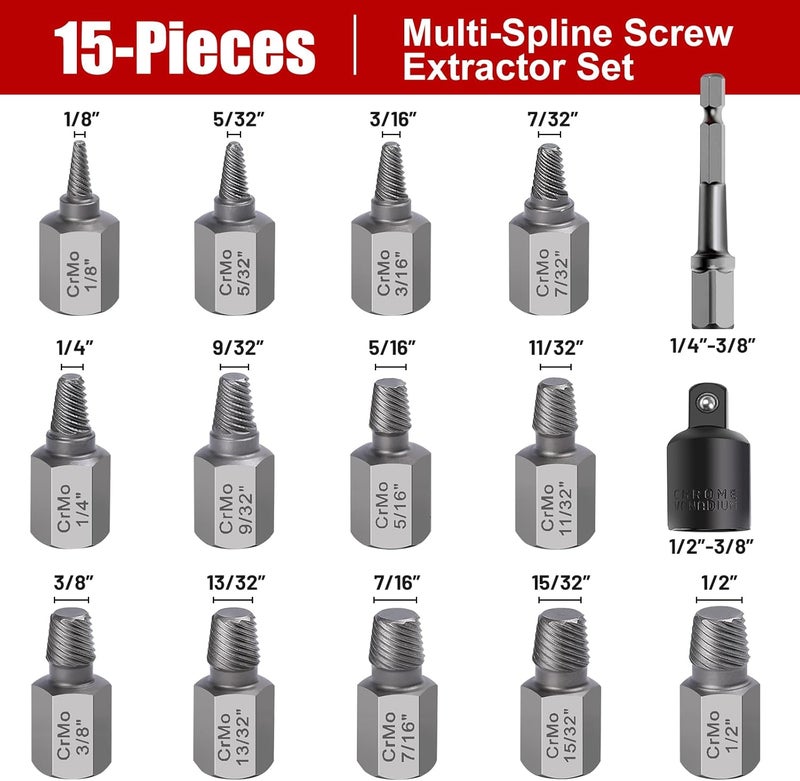 DUDDOO 15 Pieces Screw Extractor Set, Easy Out Bolt Extractor Kit, 3/8" Inch Drive Hex Head Multi-Spline Bolt Remover Kit Tool for Removing Stripped, Broken Rusted Bolts Screws - Image 2